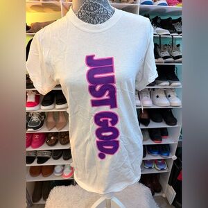 White Graphic Tee with Purple Text